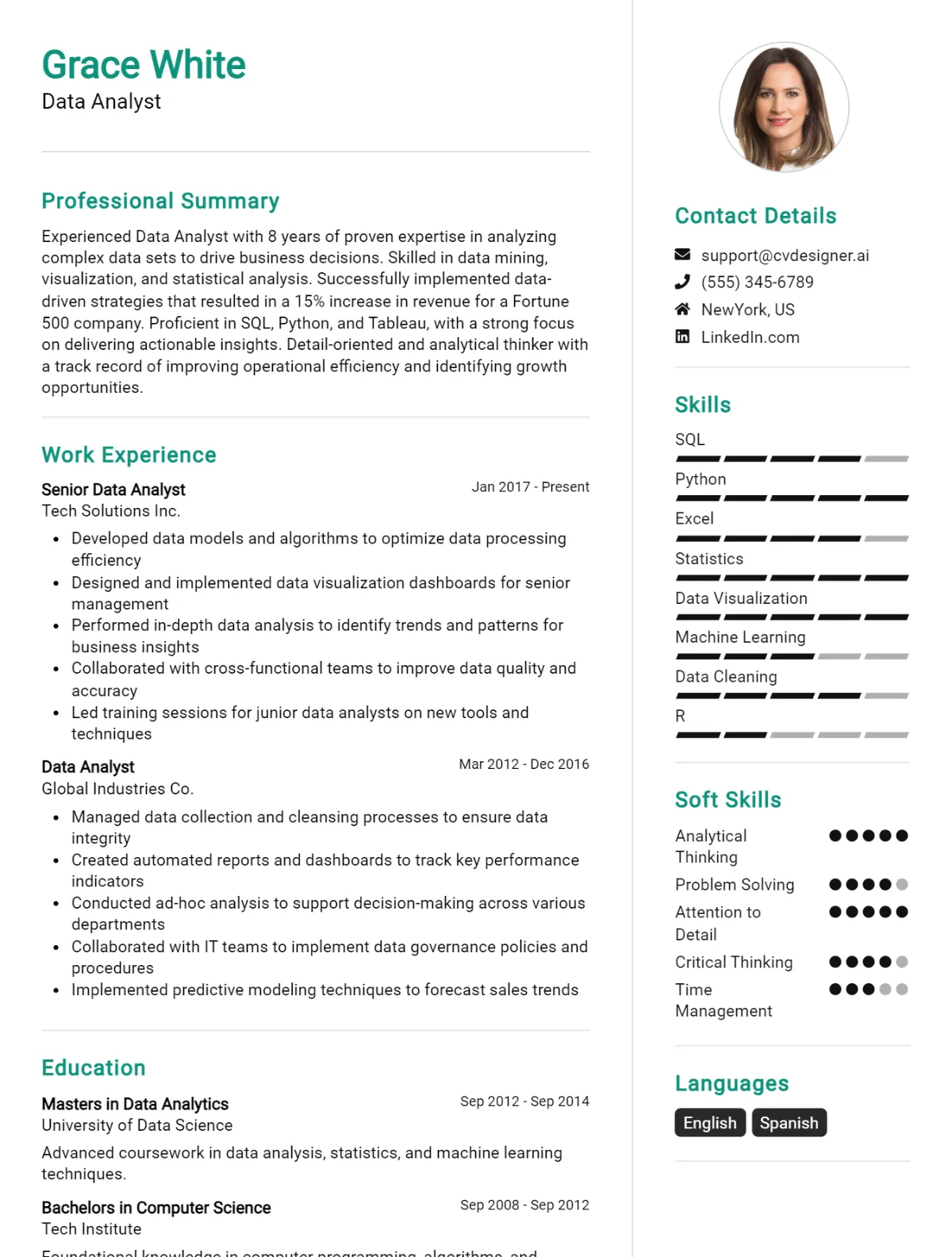 Data Analyst Cv Examples And Templates For Cvdesigner Ai