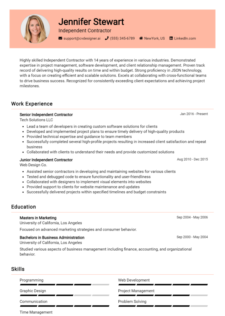 Independent Contractor Resume Example For 2024 Examples Free