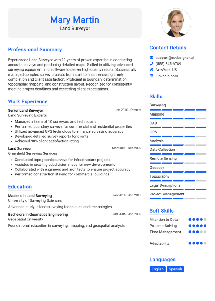 Land Surveyor Resume Example For 2024 Top CV Skills CVDesigner Ai