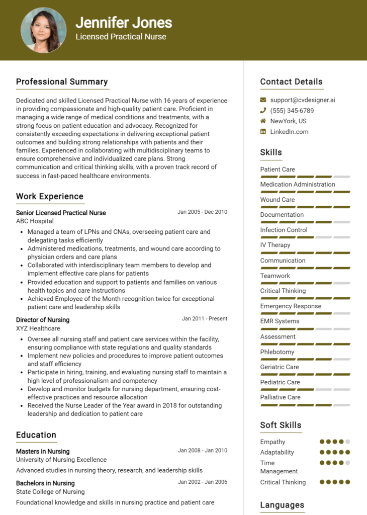 Licensed Practical Nurse Resume Example For Professional Cv