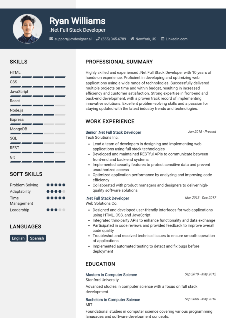 Net Full Stack Developer CV Example For 2024 Professional CV