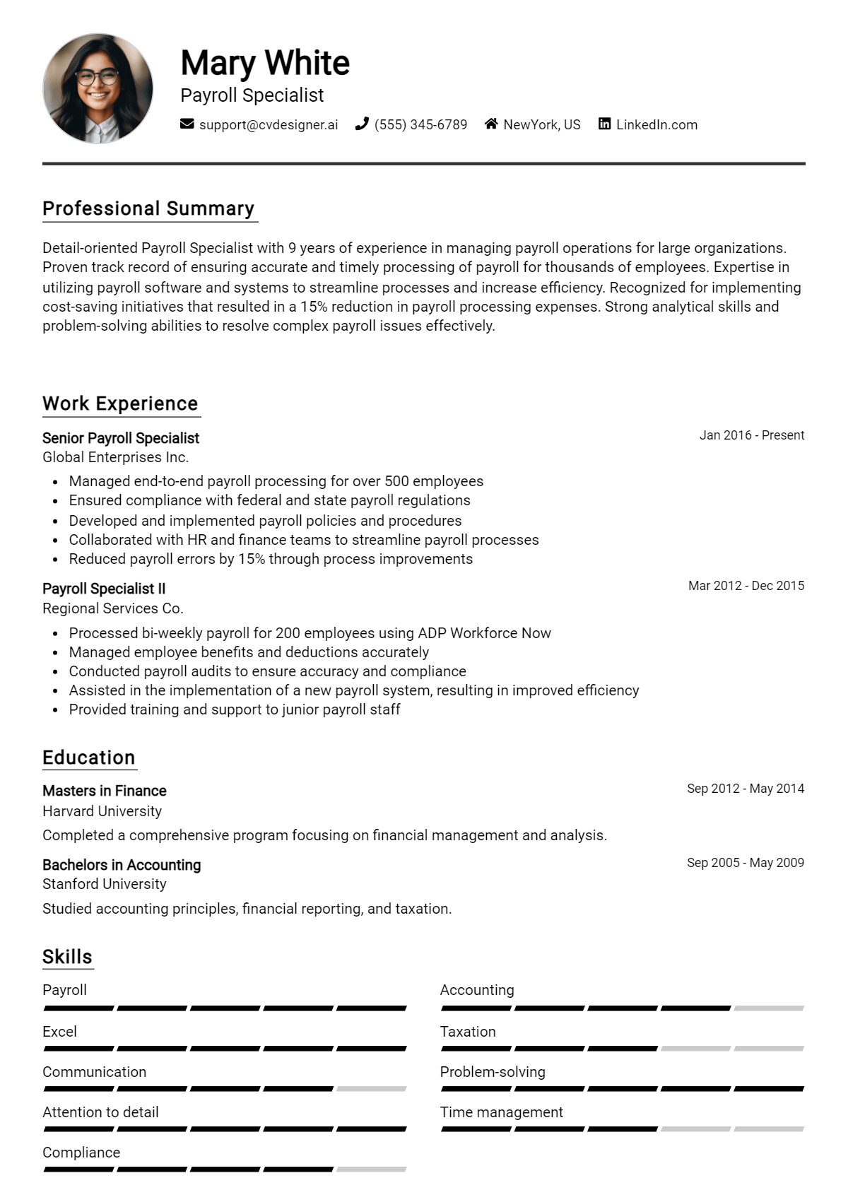 Payroll Specialist Resume Examples And Templates For Cvdesigner Ai