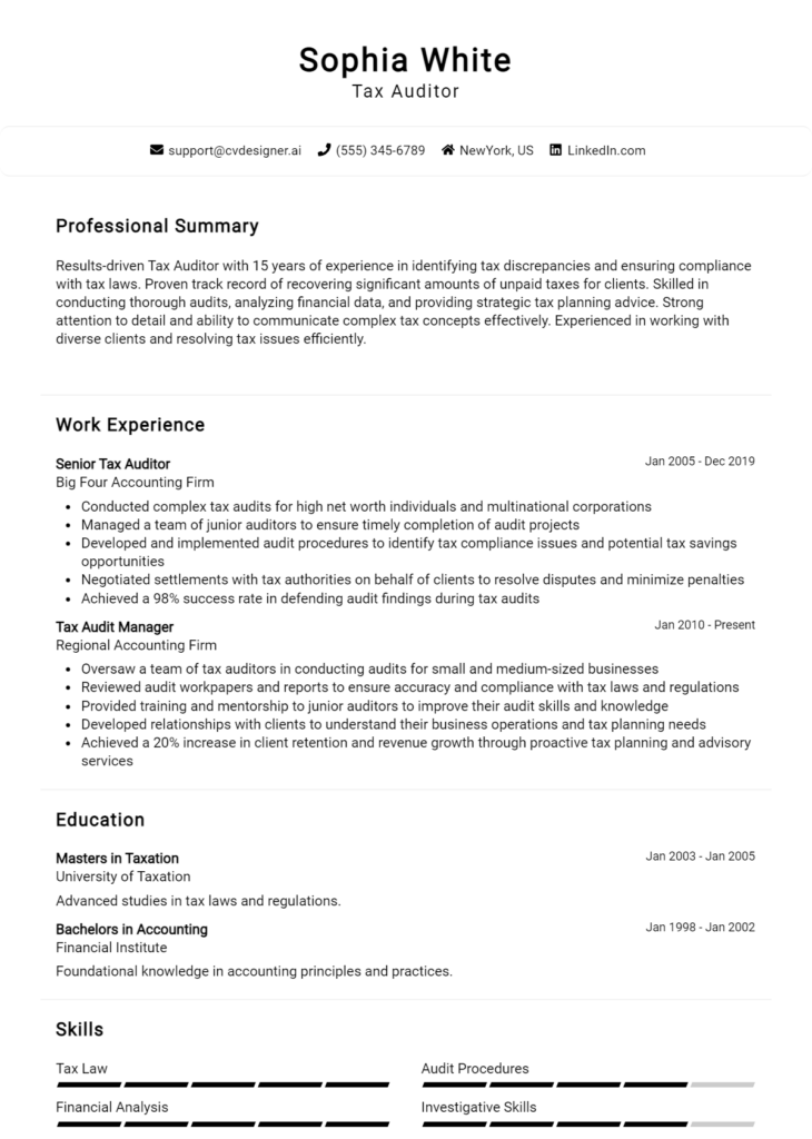 Senior Auditor Resume Examples And Templates For Cvdesigner Ai