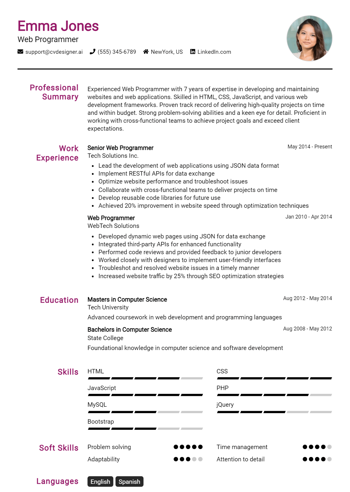 Web Programmer Resume Examples And Templates For Cvdesigner Ai