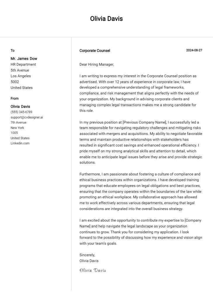 Corporate Counsel Cover Letter Samples Examples 2024 CVDesigner Ai