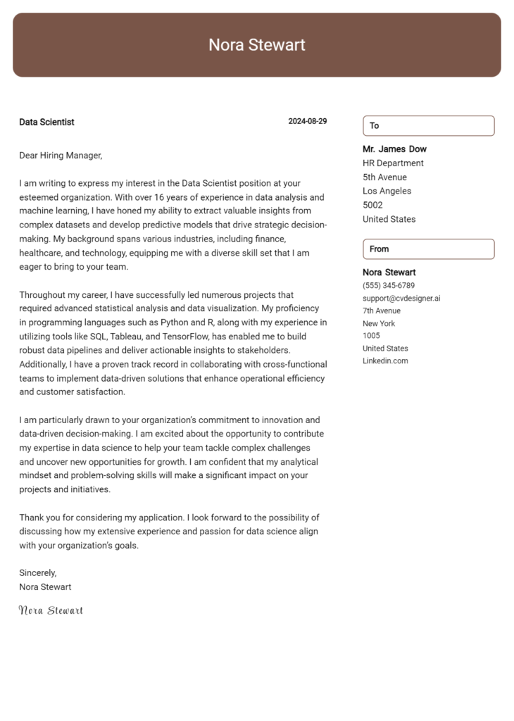 Data Scientist Cover Letter Example For Writing Guide