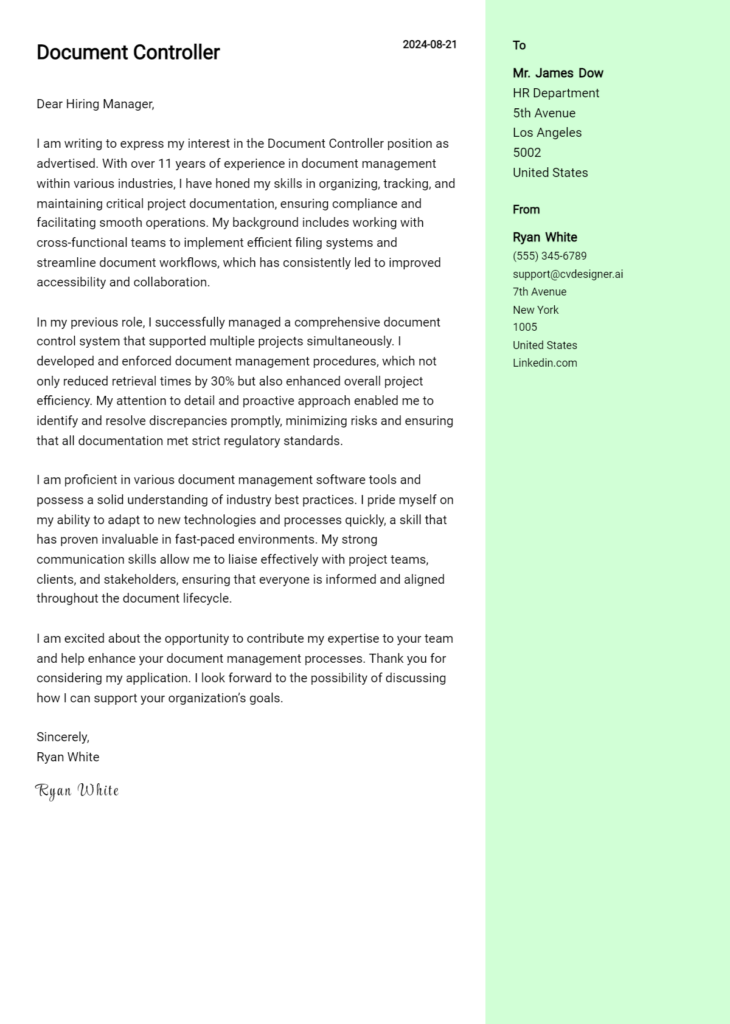 Document Controller Cover Letter Examples And Templates For