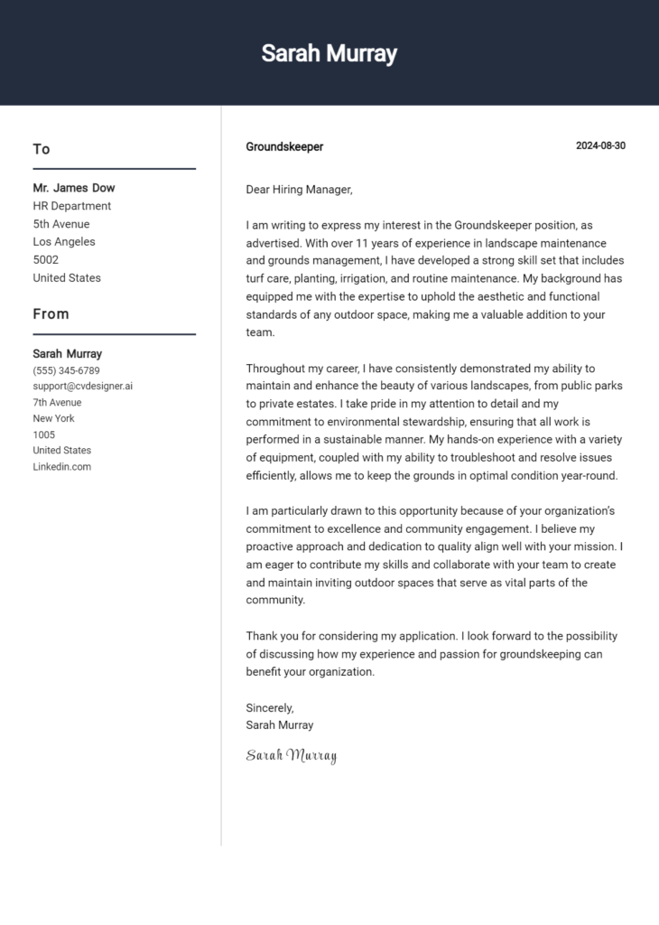 Groundskeeper Cover Letter Examples Samples For 2024 CVDesigner Ai