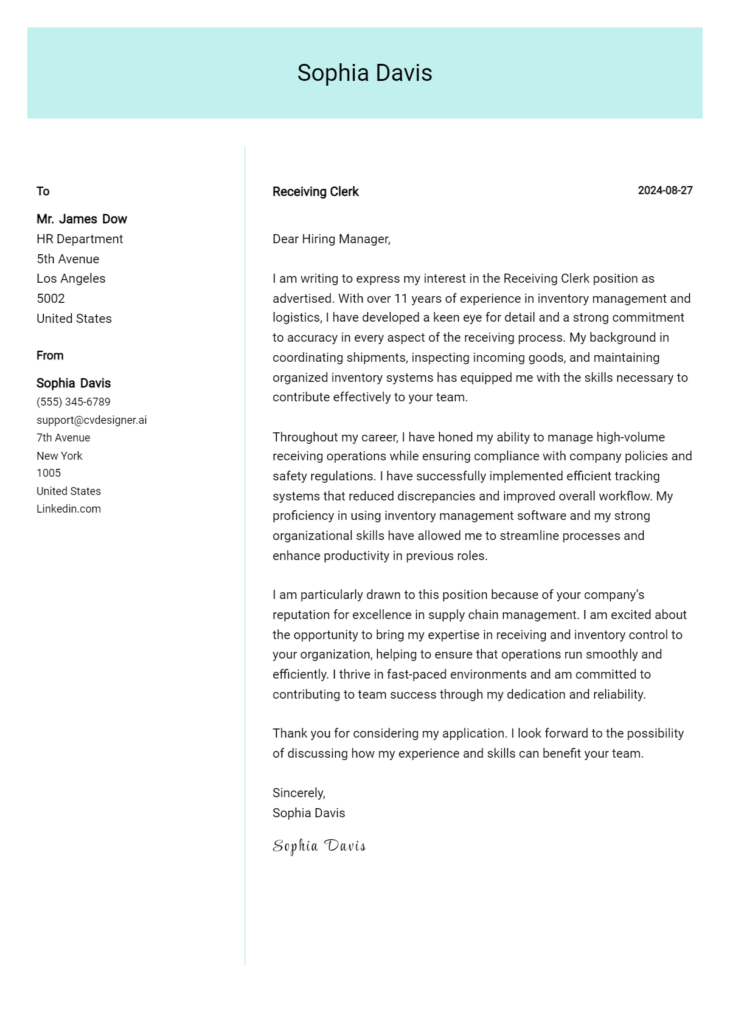 Receiving Clerk Cover Letter Example For 2024 Free Templates