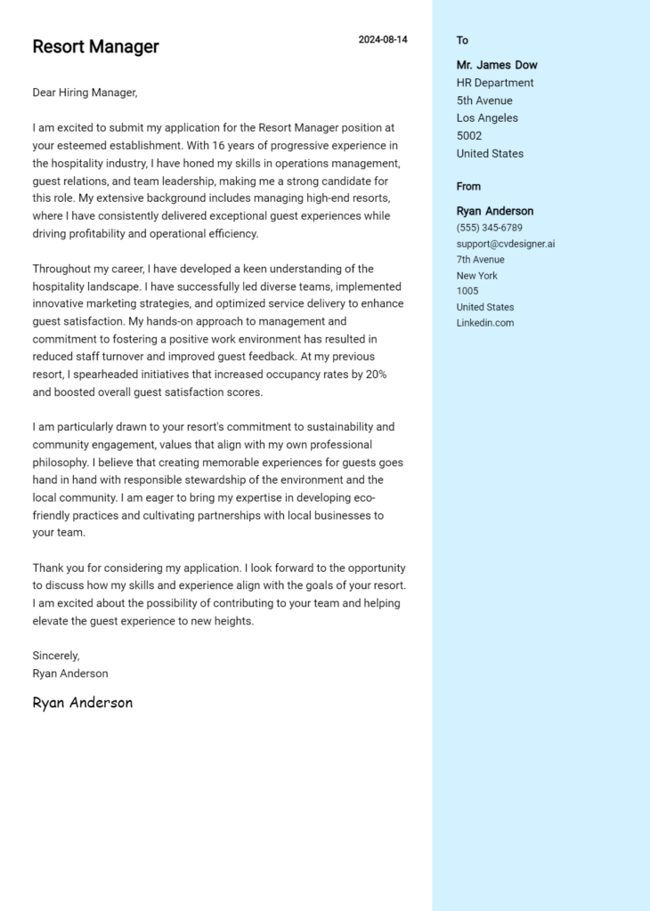 Resort Manager Cover Letter Example For Expert Tips Templates