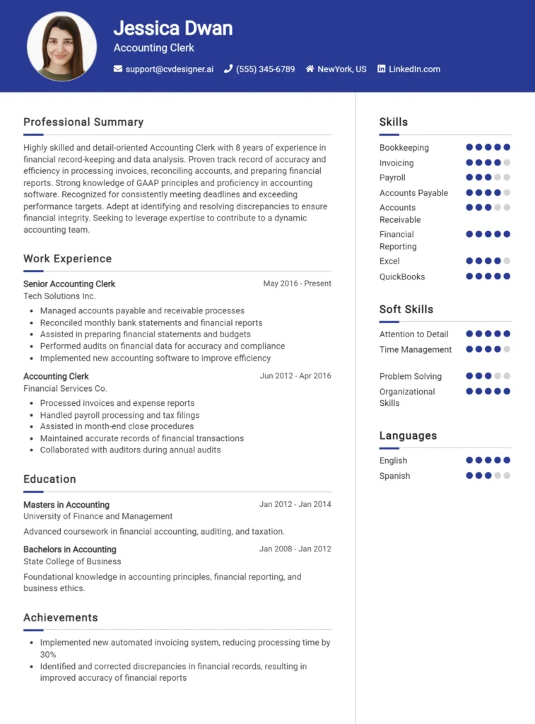 Accounting Clerk CV Example