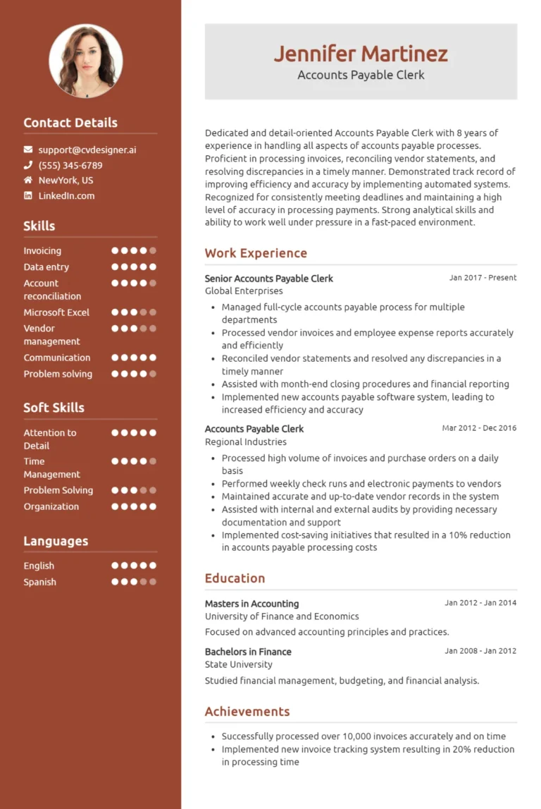 Accounts Payable Clerk CV Example For 2025: Best Skills & Templates