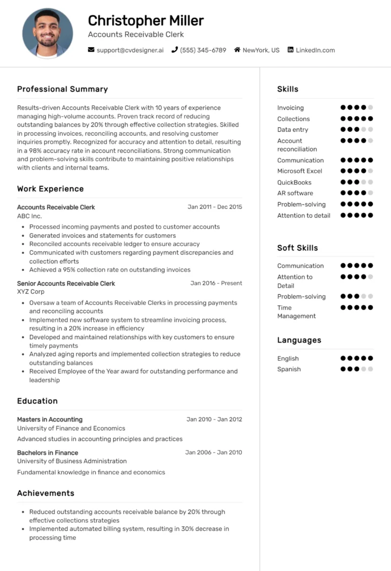 Accounts Receivable Clerk CV Example For 2025: Skills & Templates