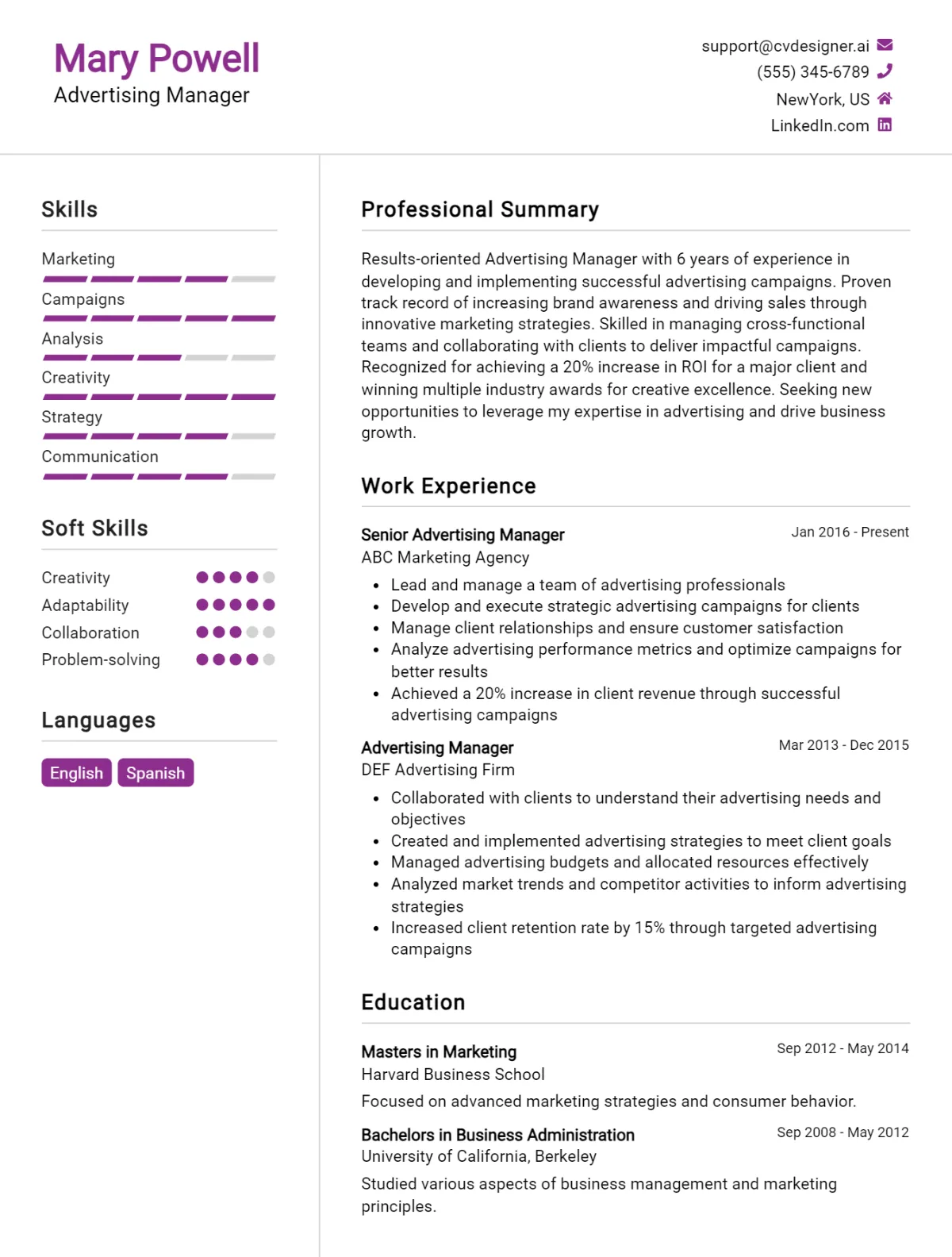 Advertising Manager CV Example