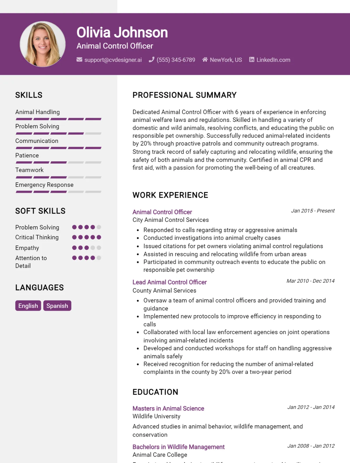 Animal Control Officer CV Example