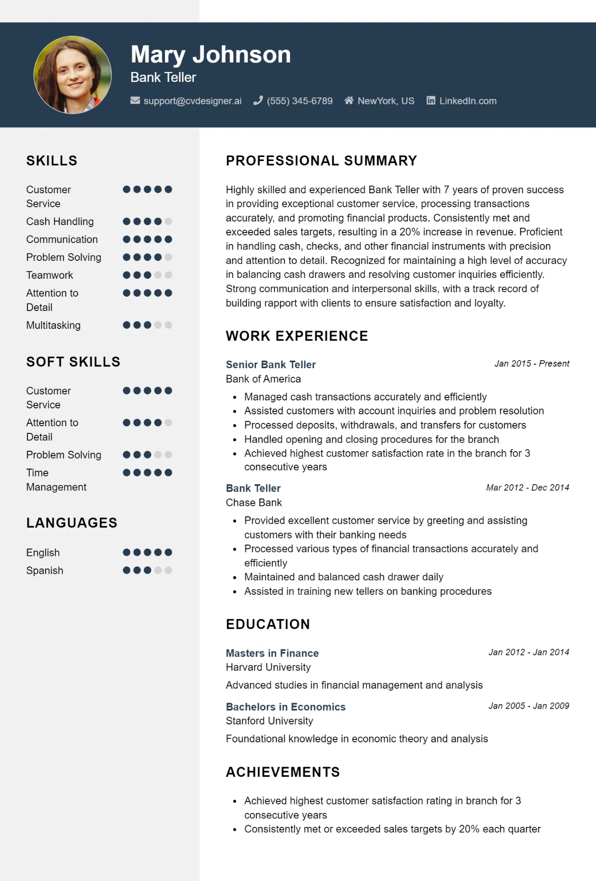 Bank Teller CV Example