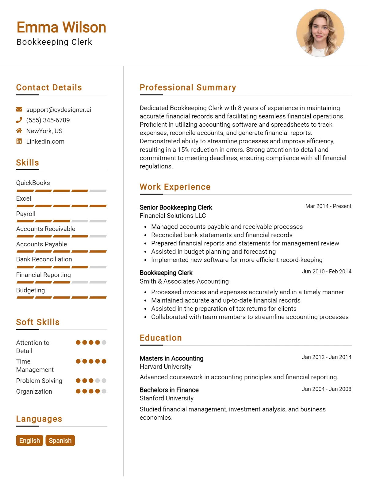 Bookkeeping Clerk CV Example