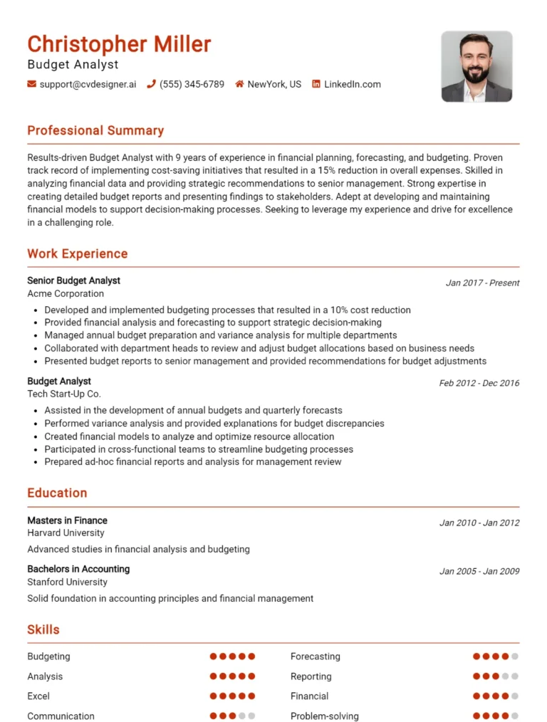 Budget Analyst CV Example & Templates for 2025