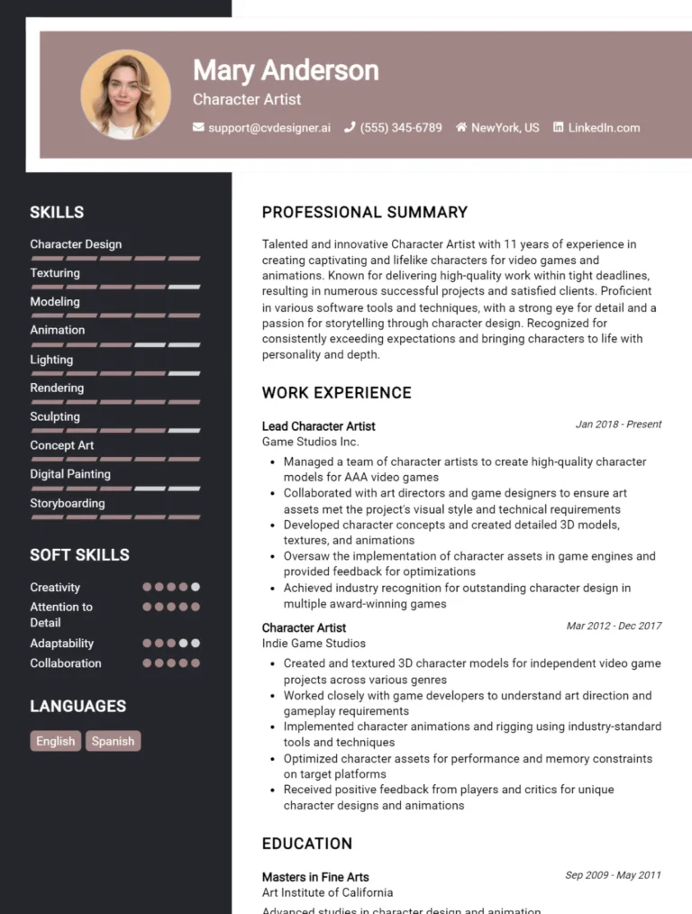 Character Artist CV Example For 2025: Tips & Templates