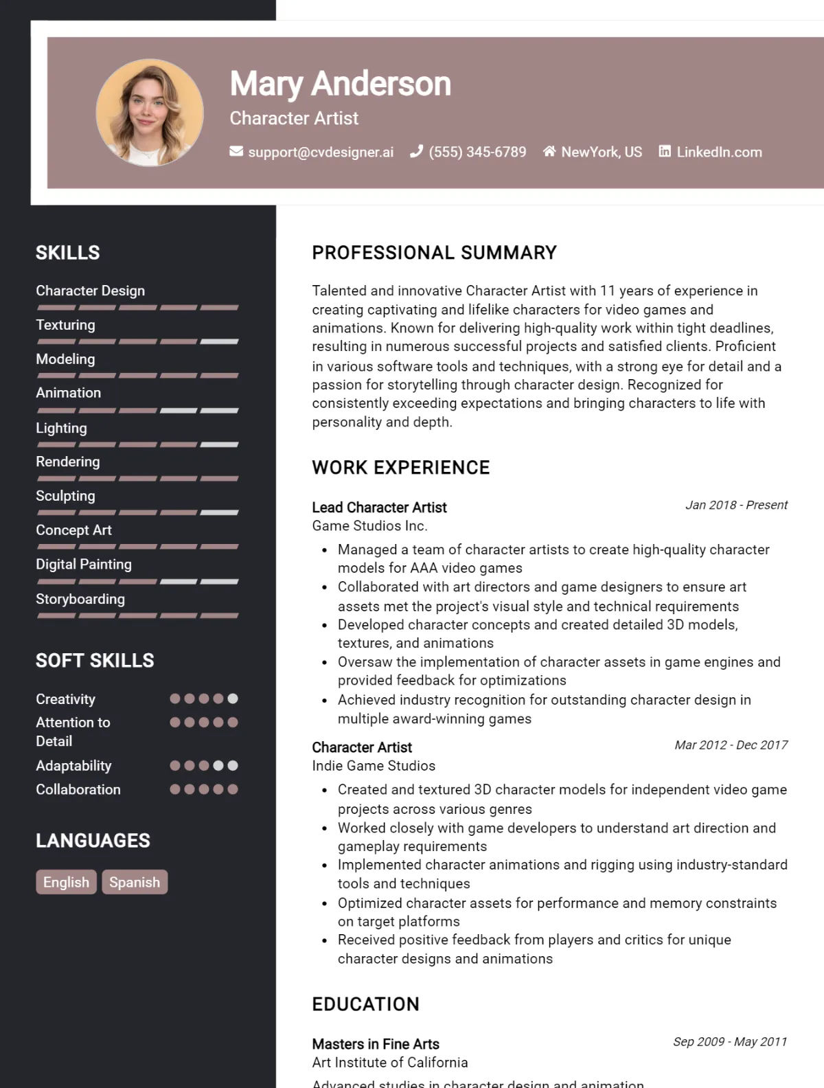 Character Artist CV Example