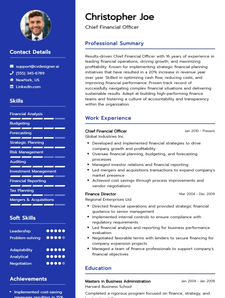 Chief Financial Officer CV Example for 2025 (with writing guide)