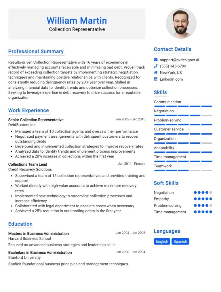 Collection Representative CV Example & Templates for 2025