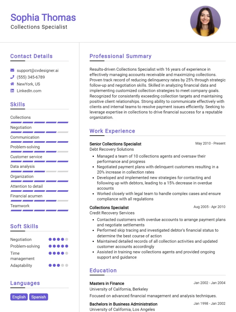 Collections Specialist CV Example & Templates for 2025