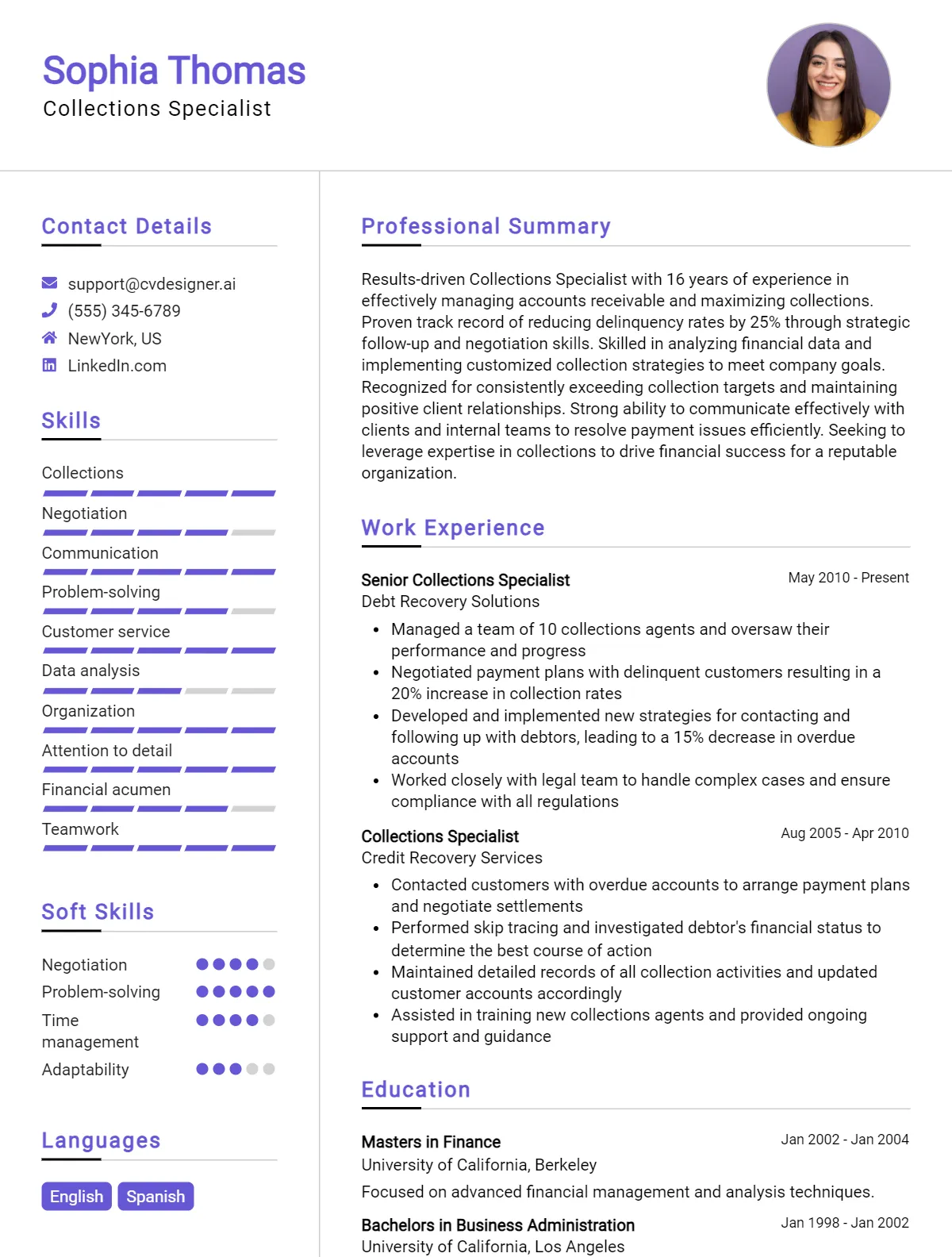 Collections Specialist CV Example