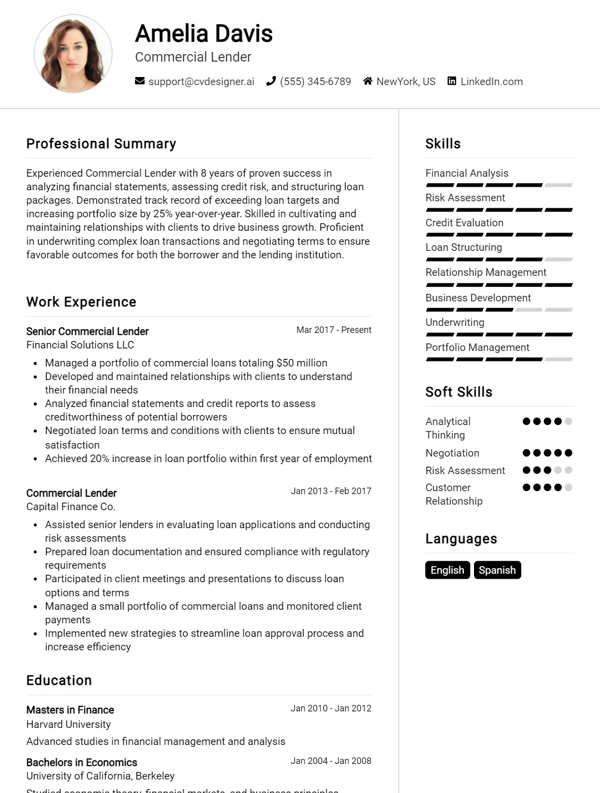 Commercial Lender CV Example