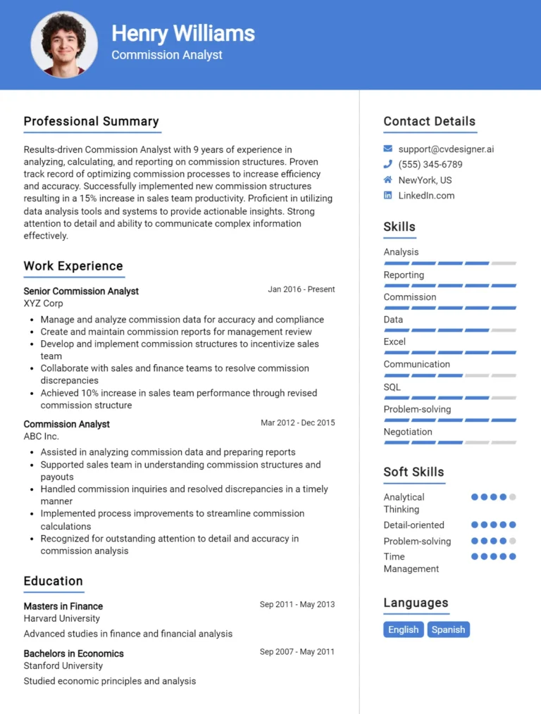 Commission Analyst CV Example & Templates for 2025