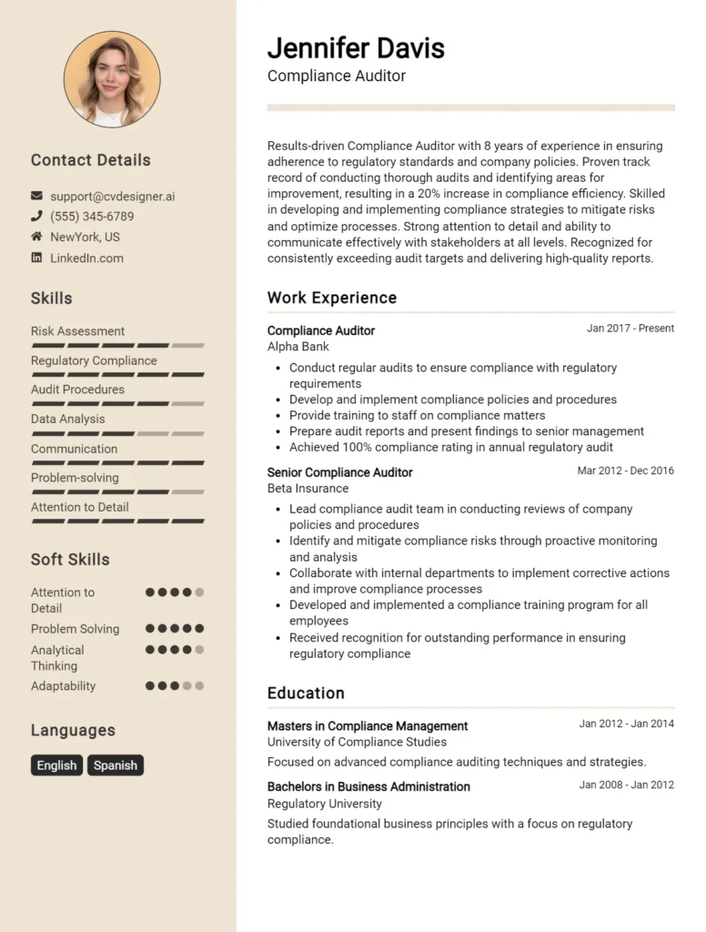 Compliance Auditor CV Example