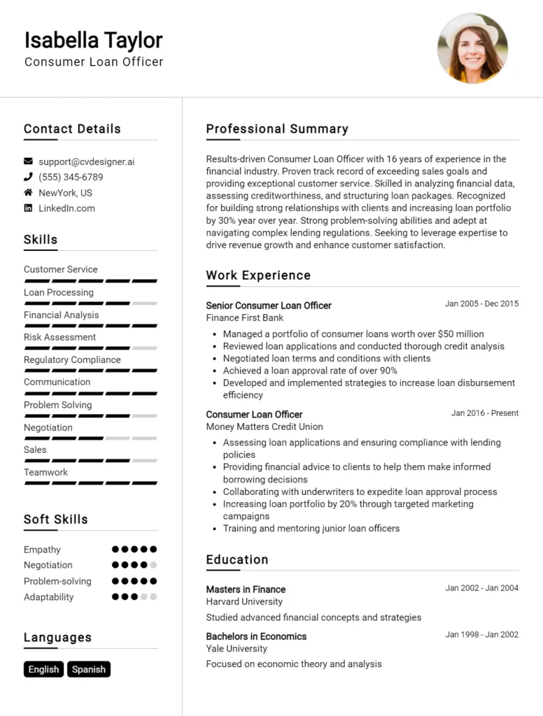 Consumer Loan Officer CV Example