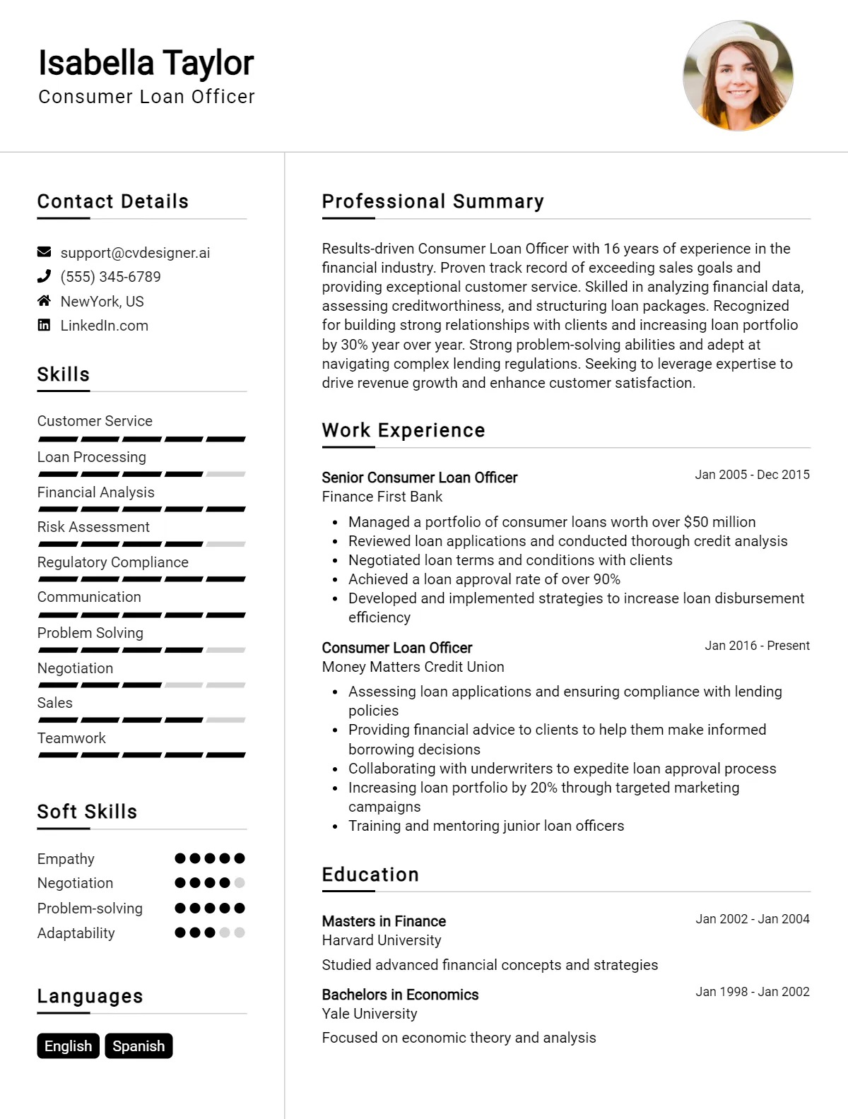 Consumer Loan Officer CV Example