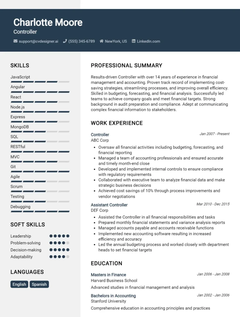 Controller CV Example Templates for 2025