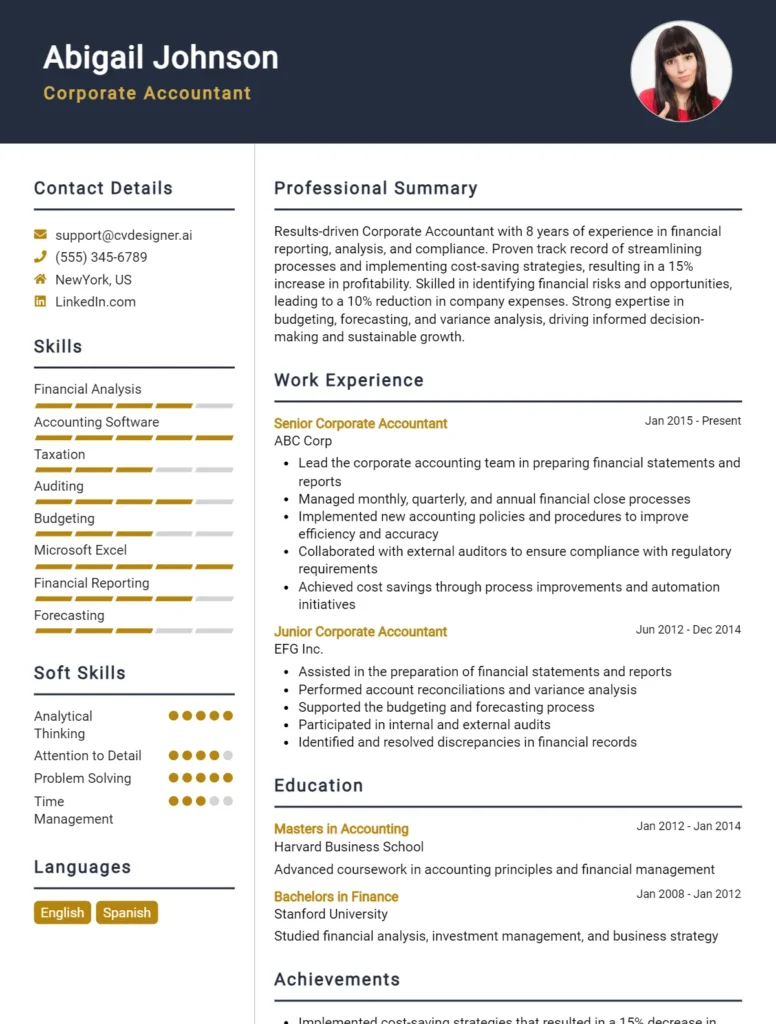 Corporate Accountant CV Example