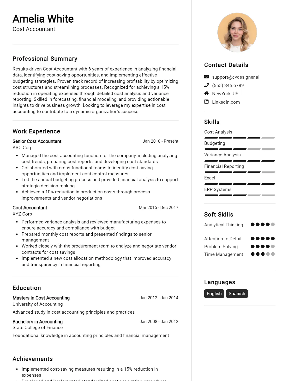 Cost Accountant CV Example