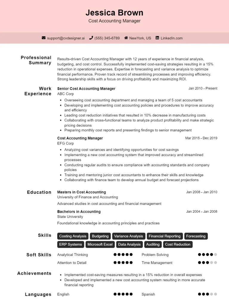 Cost Accounting Manager CV Example and Templates for 2025