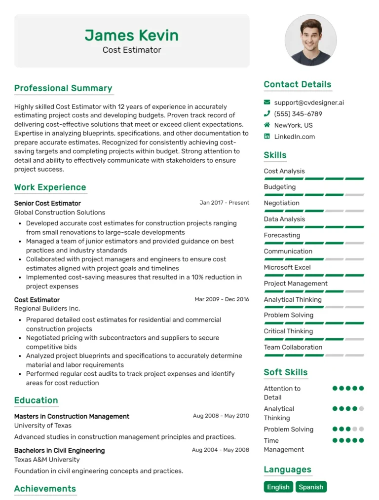 Cost Estimator CV Examples & Templates for 2025