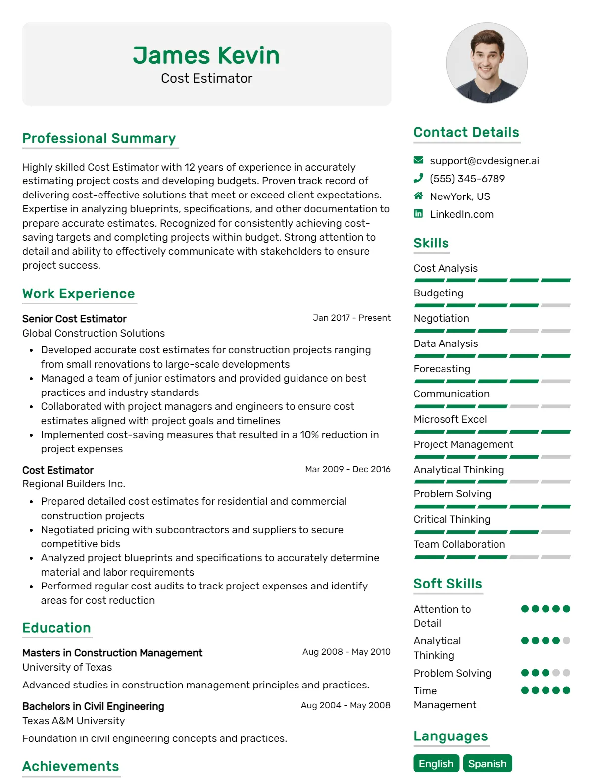 Cost Estimator CV Examples