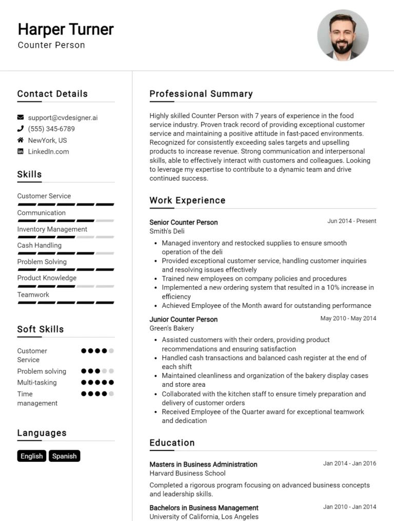 Counter Person CV Example For 2025: Effective CV Writing Tips