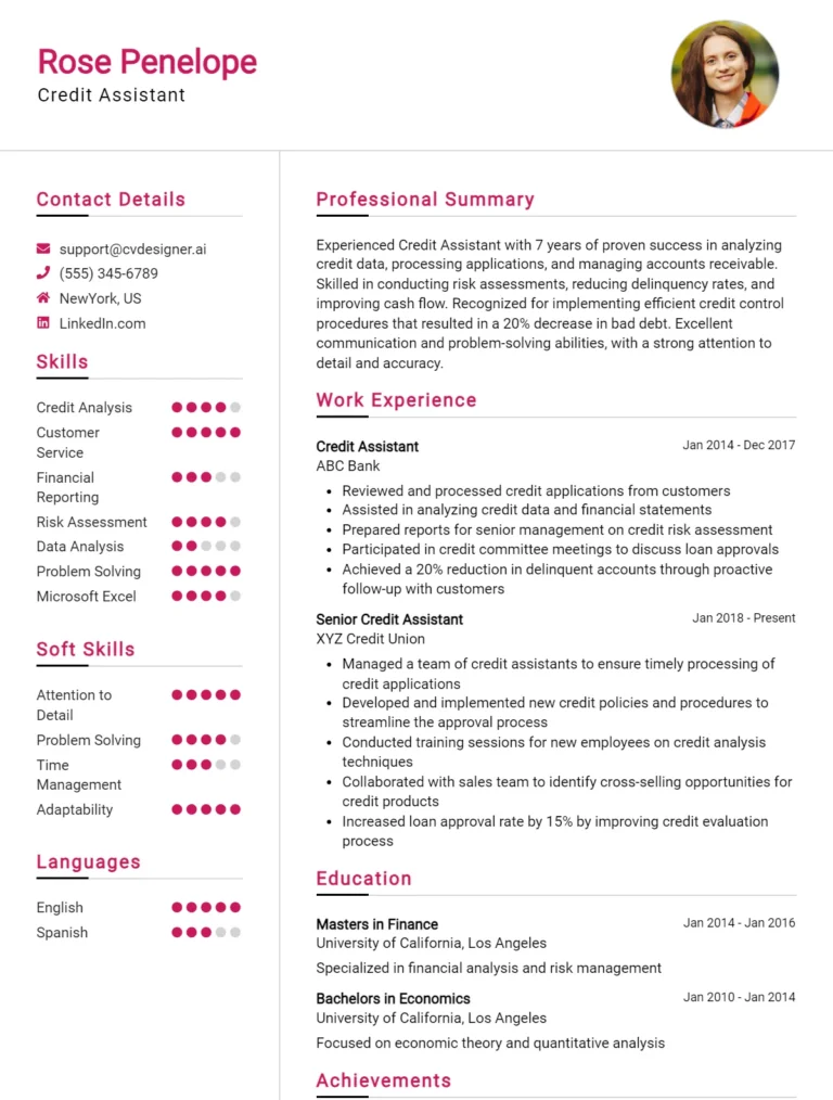 Credit Assistant CV Examples for 2025