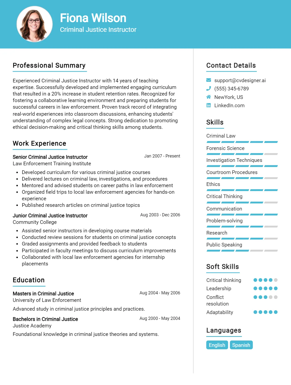 Criminal Justice Instructor CV Example