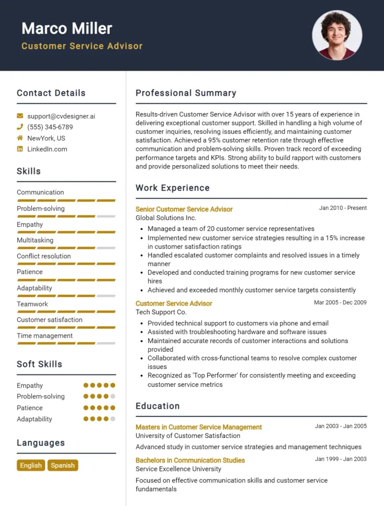 Customer Service Advisor CV Example