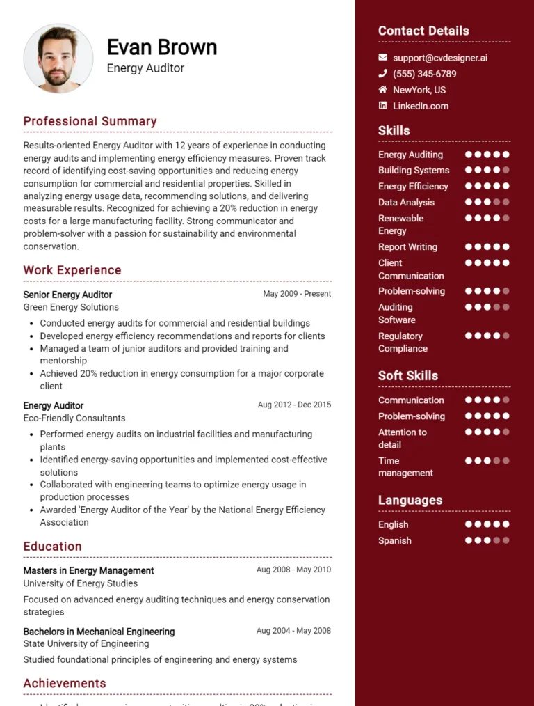 Energy Auditor CV Example and Templates for 2025