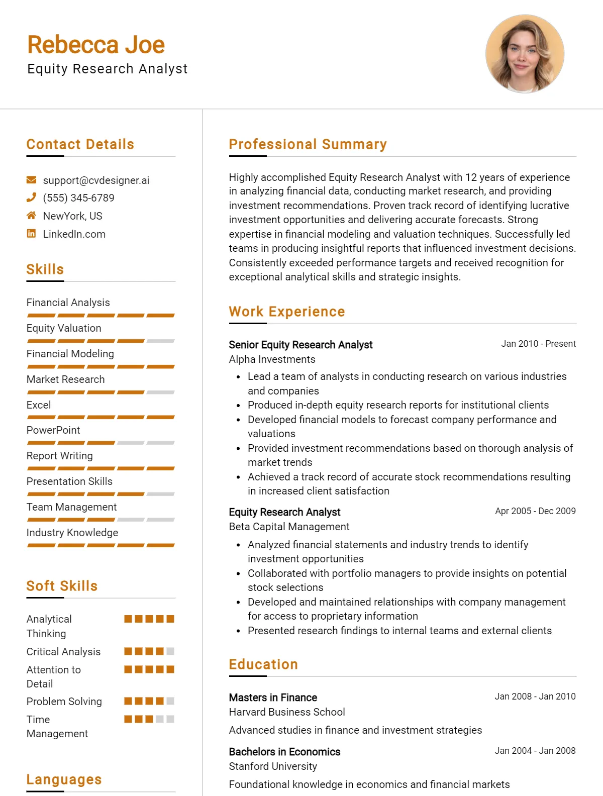 Equity Research Analyst CV Example