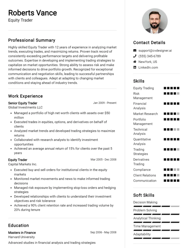 Equity Trader CV Example