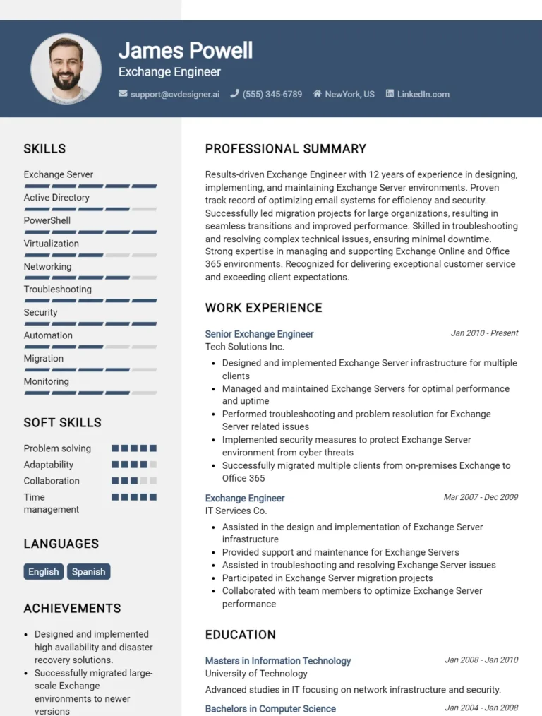 Exchange Engineer CV Example for 2025: Samples & Best Practices