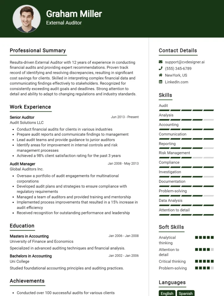 External Auditor CV Example for 2025: Top Strategies & Templates