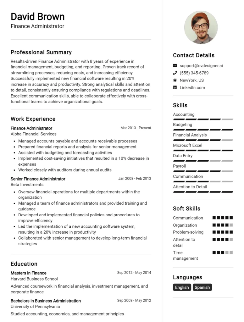 Finance Administrator CV Example