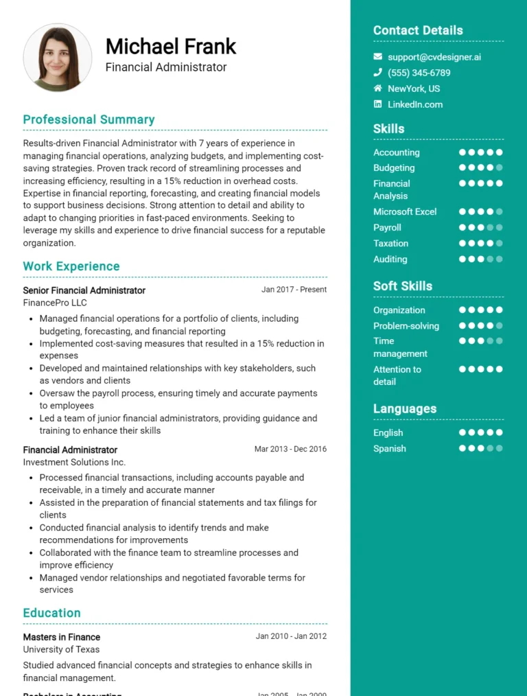 Financial Administrator CV Example for 2025: Impressive Templates & Guide